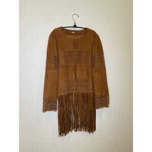 Reba Brown Leather Beautiful Jacket Fringe EUC Sz XL Lined Long Sleeves Crochet